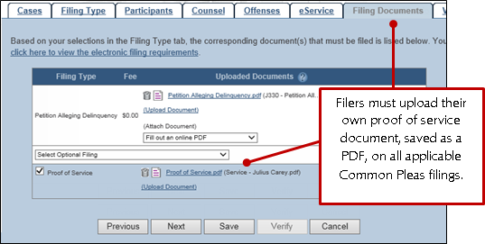 Filers must upload their own proof of service on Common Pleas cases.